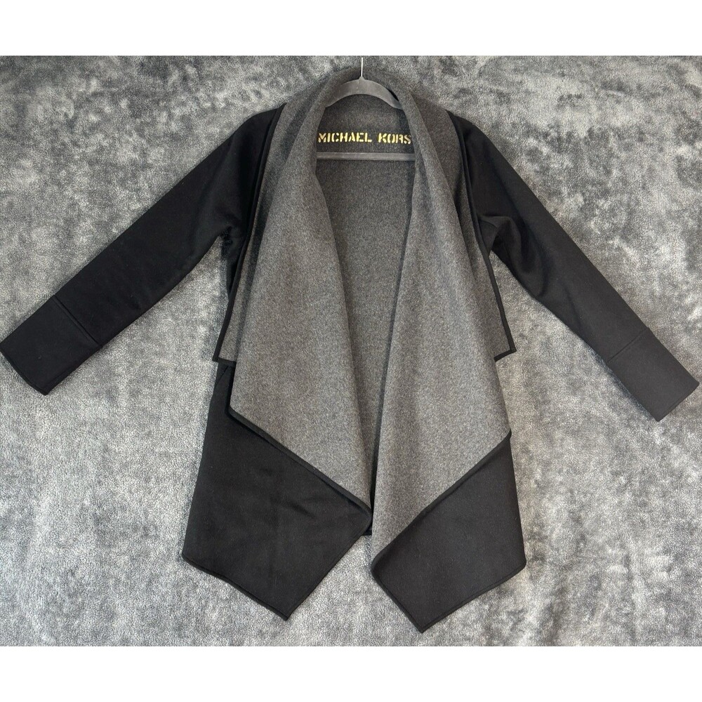 Michael Kors Wool Blend Waterfall Jacket Coat Black Gray XS Open Front Pockets